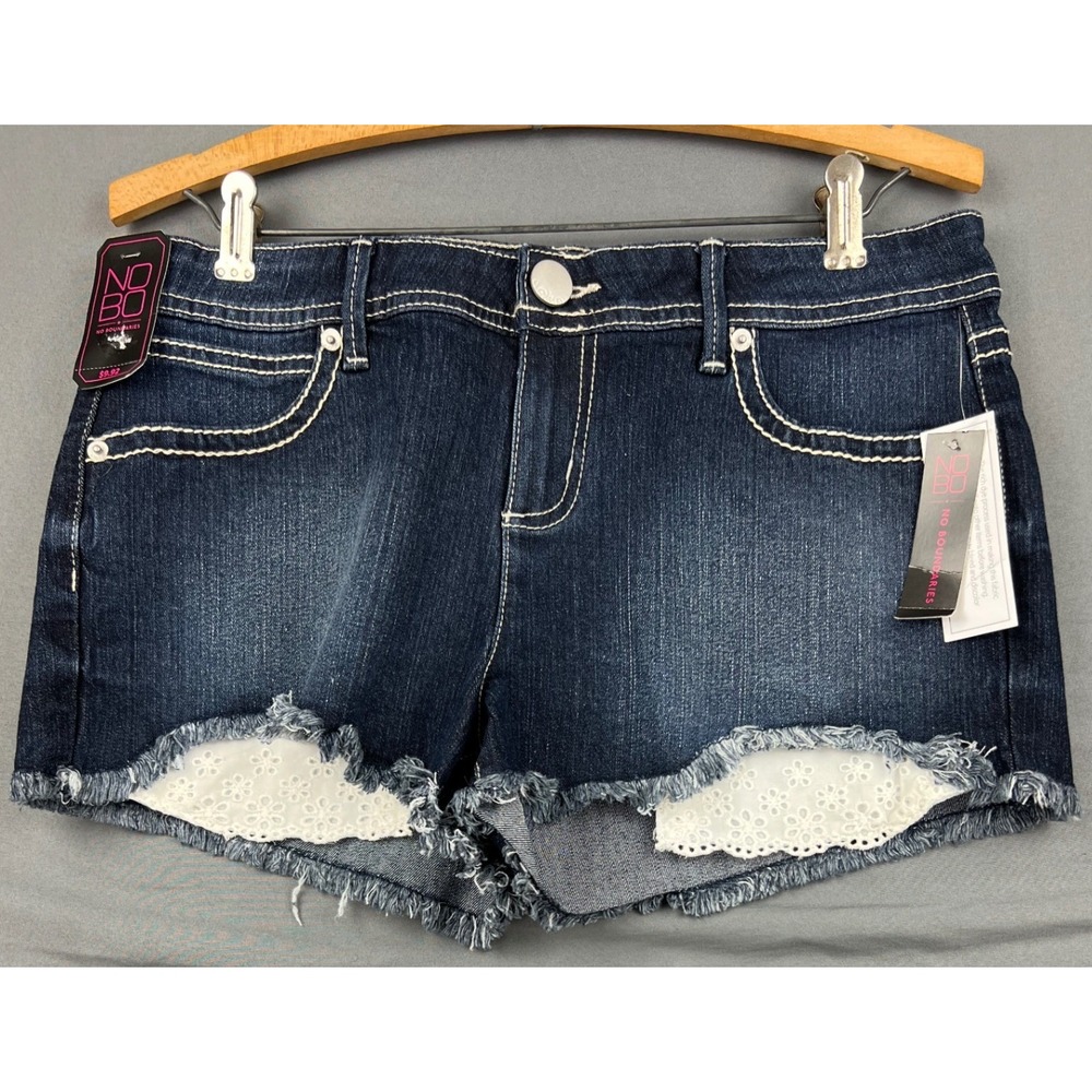 No Boundaries Denim Shorts Womens 13 Eyelet Pocket Dark Wash Frayed Hem NWT